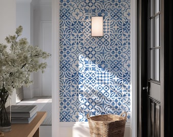 Blue Moroccan Tile Wallpaper for Entryway, Coastal Geometric Accent Wall 0589