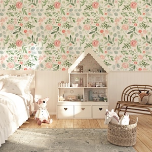 Canvas VINYL Removable Wallpaper DAKOTA 39 Pink Watercolor Flowers Roses Floral Girl Nursery Wall Peel & Stick Removable Self Adhesive 0164