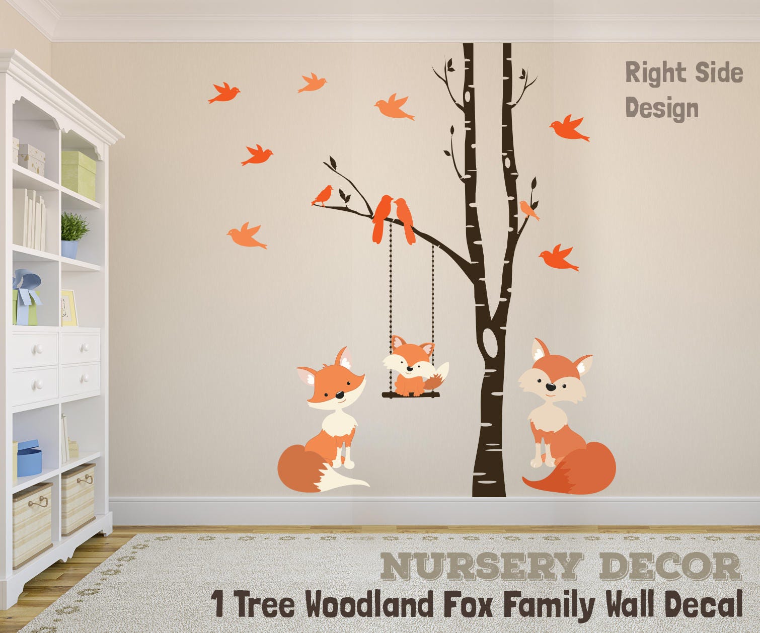 Fox Family Wall Decals Baby Fox Mom Fox Dad Fox Woodland Nursery 1 Tree Birch Nursery Decor Graphics Decal Forest Birds Vinyl Baby Bedroom