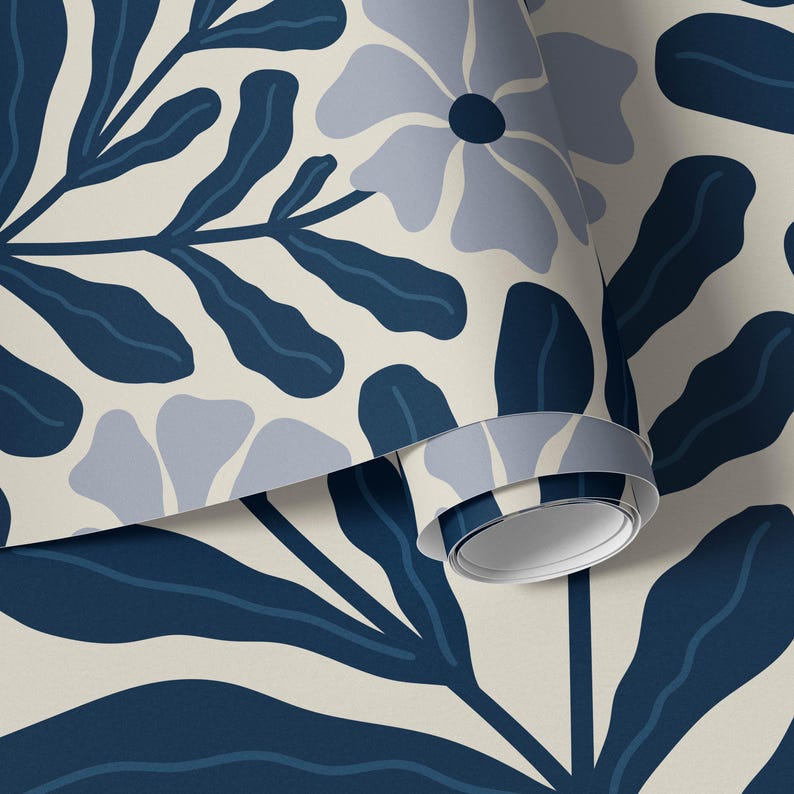 Scandinavian Navy Blue Powder Room Wallpaper, Floral Bathroom Wallpaper 0402-52 image 11