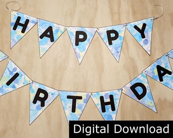 Printable Blue Paint Splatter Happy Birthday Banner for Art, Paint, and Slime Parties