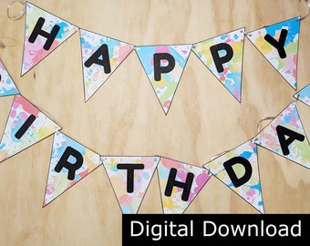 Printable Multicolor Rainbow Paint Splatter Happy Birthday Banner for Art, Paint, and Slime Parties