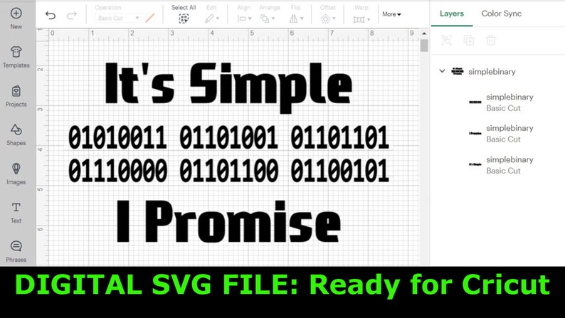 May include: A digital SVG file for Cricut, featuring the text "It's Simple" in bold black font, followed by a line of binary code and the text "I Promise" in bold black font. The text is displayed on a white grid background.