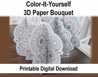 Color-It-Yourself 3D Paper Craft Flower Bouquet Printable