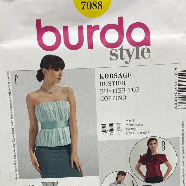 Women's Bustier Pattern - Burda 7088 - Ladies Bustier Pattern for Sizes 6, 8, 10, 12, 14, 16, 18, 20, 22