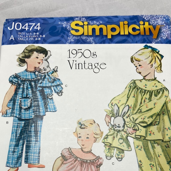Simplicity 0474 - Girls Vintage Pajamas Pattern 1950s - Girls Sizes 3, 4, 5, 6, 7, and 8