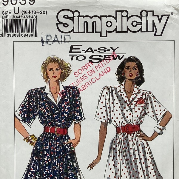 Vintage 1980s Button Front Short Sleeve Dress Pattern - Simplicity 9039 - Easy to Sew Short Sleeve Button Front Dress with Flared Skirt