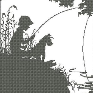 May include: Black and white silhouette of a person fishing with a dog by their side. The person is sitting on a bank with tall grass behind them. The fishing rod is curved and the line is in the water.