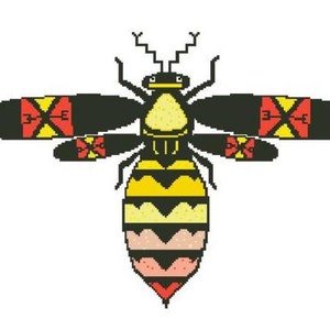 Op de afbeelding: Een gestileerde illustratie van een bij met zwarte vleugels, een geel-zwarte gestreepte achterlijf en rode en gele accenten op de vleugels.