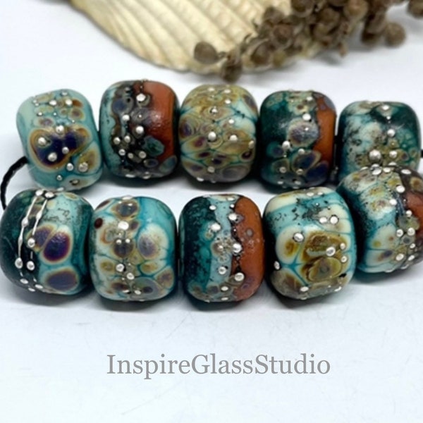Lampwork Bead set of 10 Handmade Rustic Turquoise Green, Raku with Fine Silver, Etched Finish