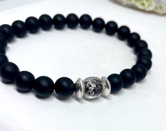 Pet Memorial Bracelet: Matte Black Beads, Sterling Silver, Cremation Ashes Keepsake