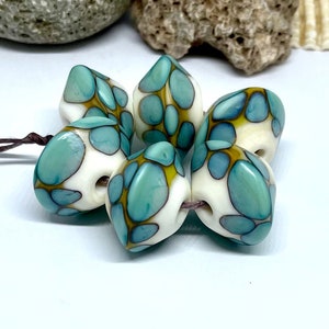 Lampwork Glass Bead set of 6 Turquoise Ivory Speckled Beads Etched Handmade Beads