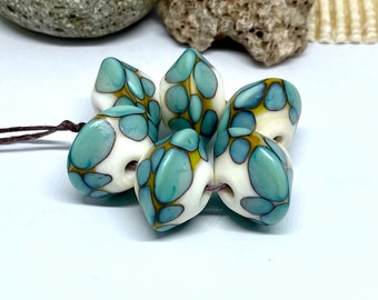 Lampwork Glass Bead set of 6 Turquoise Ivory Speckled Beads Etched Handmade Beads