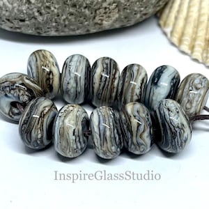 Lampwork Glass Bead set of 12 striped Ivory Glossy Spacer Beads