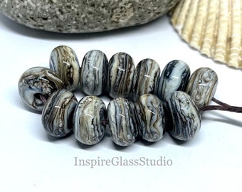 Lampwork Glass Bead set of 12 striped Ivory Glossy Spacer Beads
