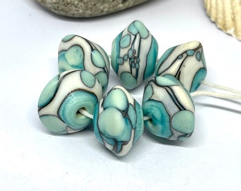 Lampwork Glass Bead set of 6 Turquoise Speckled Beads lightly Etched Handmade Beads