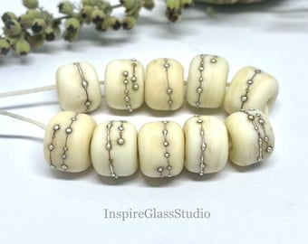 Glass Lampwork Bead set of 10 Etched Ivory Handmade Beads with Fine Silver
