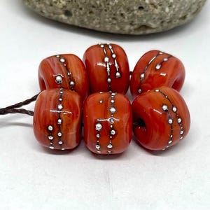 Glass Lampwork Bead set of 6 Coral Beads, with Fine Silver Accents- Inspire Glass Studio