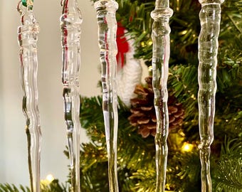 Handmade Glass Icicle Christmas Ornaments - Set of 6 (5 Inch)