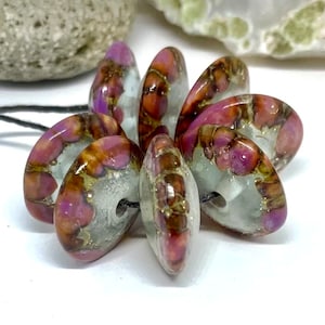 Lampwork Glass Rustic set of 8 Aqua and Pink, speckled Handmade Disk Bicone Beads, Inspire Glass Studio
