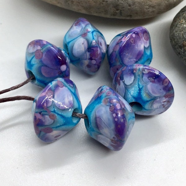 Lampwork Rustic set of 6 turquoise blue with purple pink speckled Bicone Beads