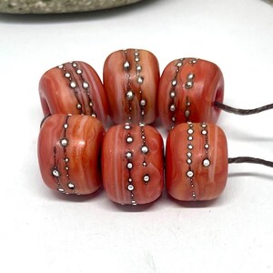 Etched Coral Lampwork Beads: Fine Silver Accents, Handmade Set of 6
