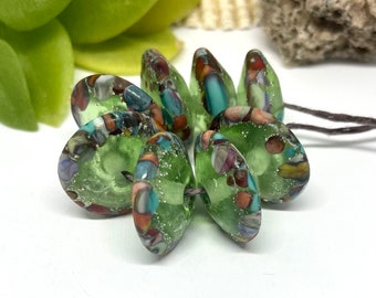Lampwork Glass Rustic set of 8 Green, speckled Handmade Disk Bicone Beads, Inspire Glass Studio