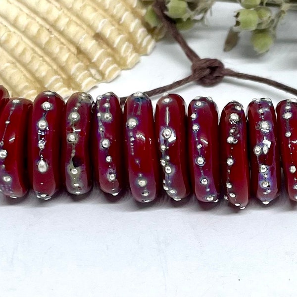 Glass Lampwork Bead set of 12 Pretty Little Red Handmade Disk Beads with Silver accents