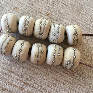 Glass Lampwork Bead set of 10 Cream/ Sandstone Beads with Fine Silver, Etched Finish