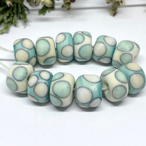 Lampwork Glass Bead set of 12 Green Ivory Etched Handmade Beads