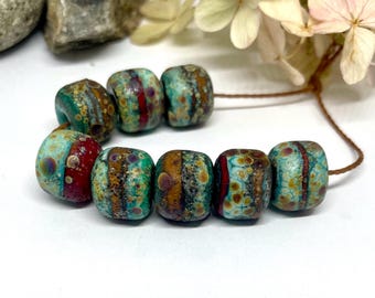 Lampwork Bead set of 8 Handmade Rustic Green, and Coral Raku Beads, Etched
