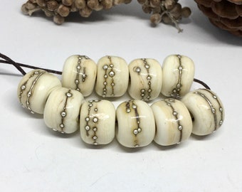 Glass Lampwork Bead set of 10 Ivory Handmade Beads with Fine Silver