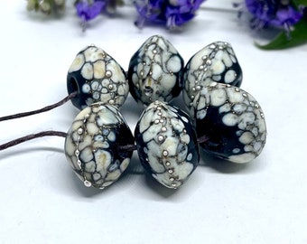 Lampwork Bicone Beads 6 Etched Black Ivory Speckled Beads Fine Silver Foil and wire