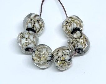 6 Lampwork Glass Beads: Black Ivory Speckled with Fine Silver- Inspire Glass Studio