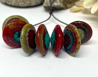 Lampwork Glass Bead Set of 7 Earthy, Etched,  Handmade Disk Bicone Beads- InspireGlassStudio