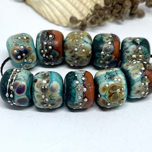 Lampwork Bead Set of 10 Handmade Rustic Turquoise Green, Raku With Fine ...