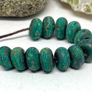 Lampwork Glass Spacer Beads: Green Rustic Etched Raku Speckles