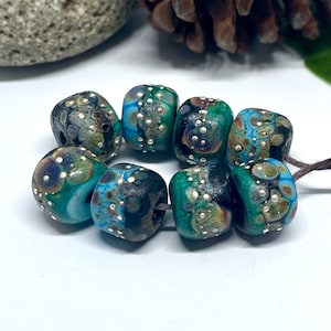 Lampwork Bead set of 8 Handmade, Etched Rustic, Turquoise, Green, Black, Raku with accents of Fine Silver