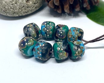 Lampwork Bead set of 8 Handmade, Etched Rustic, Turquoise, Green, Black, Raku with accents of Fine Silver
