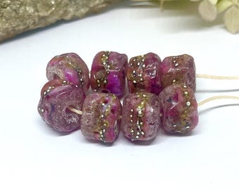 Glass Lampwork, 8 Rustic Pink Handmade Glass Beads with silver accents-InspireGlassStudio