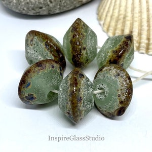 Lampwork Rustic Set of 6 Green  speckled Etched Bicone Beads