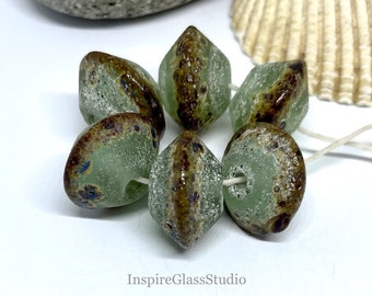 Lampwork Rustic Set of 6 Green  speckled Etched Bicone Beads