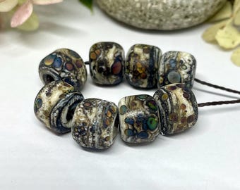 Lampwork Bead set of 8 Handmade Rustic Gray and Black Raku Beads, Etched Beads