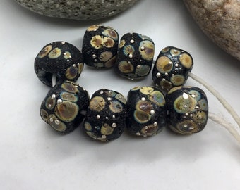 Lampwork Bead set of 8 Small Stone Rustic Black Raku with Fine Silver Etched Finish