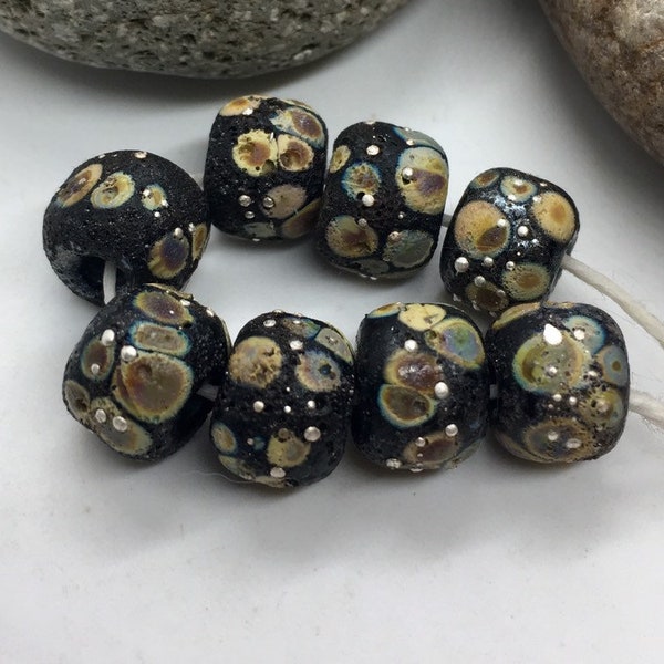 Lampwork Bead set of 8 Small Stone Rustic Black Raku with Fine Silver Etched Finish