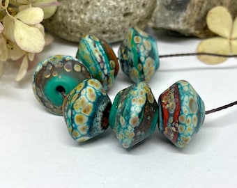 Lampwork Bead set of 6 Handmade Rustic Green, and Coral Raku Bicone Beads