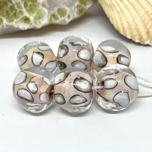 Lampwork Glass Set of 6 Ivory and Creamy Pink Encased Dotted Glass Beads, Handmade Glass Beads- IndpireGlassStudio