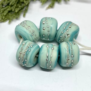 Glass Lampwork Bead set of 6 Turquoise Green Copper with Fine Silver wire