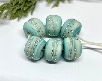 Glass Lampwork Bead set of 6 Turquoise Green Copper with Fine Silver wire