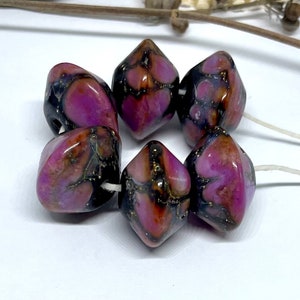 Lampwork Glass Bicone Beads: Black and Pink with Silver Accents - Set of 6